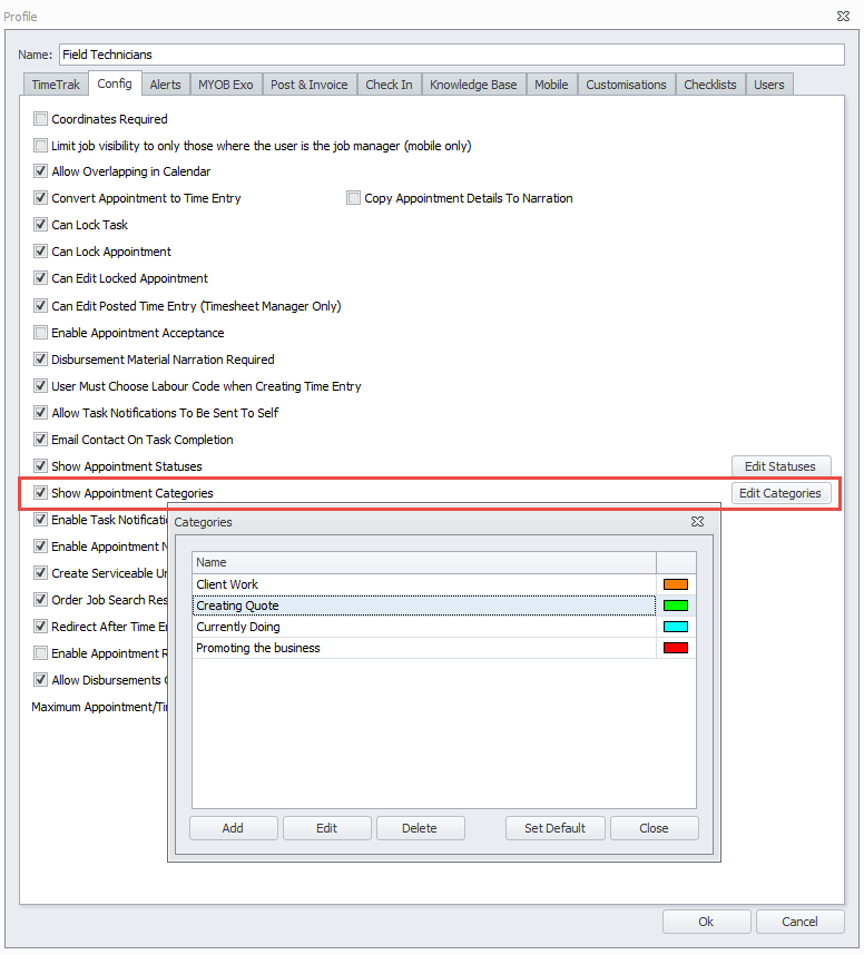 Appointment categories in TimeTrak - Field Staff Time Recording
