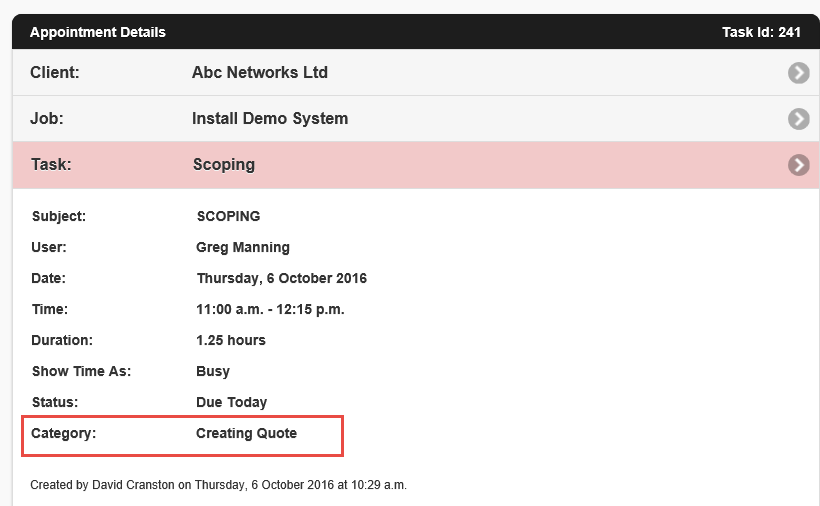 TimeTrak Mobile Appointment Category