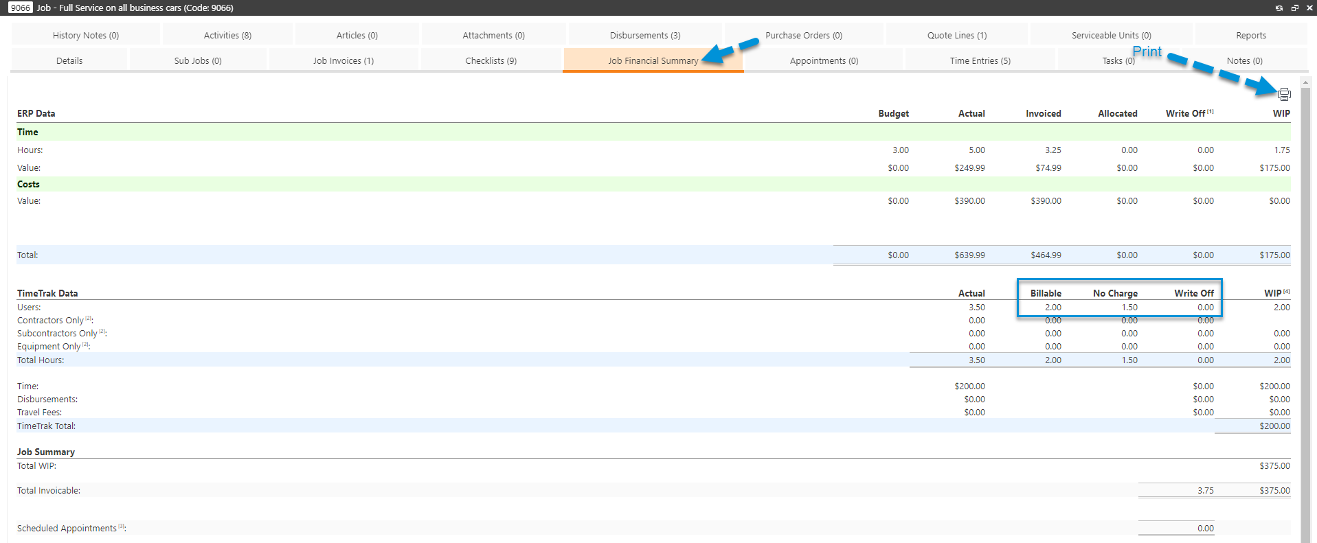 Print Job Financial Summary Report from TimeTrak Professional