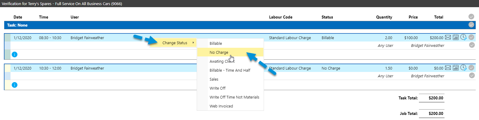 Right Click Update Billable Status in TimeTrak Professional