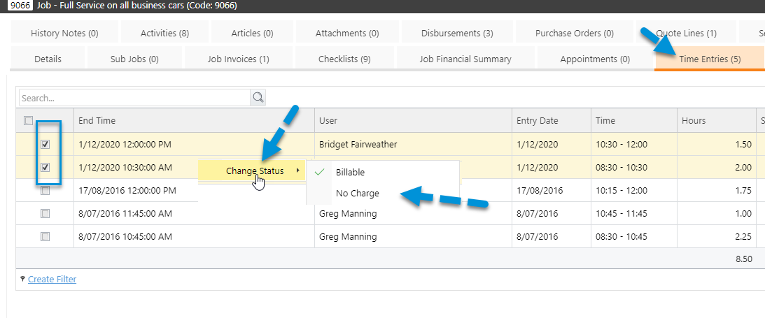 Right Click Update Billable Status in TimeTrak Professional