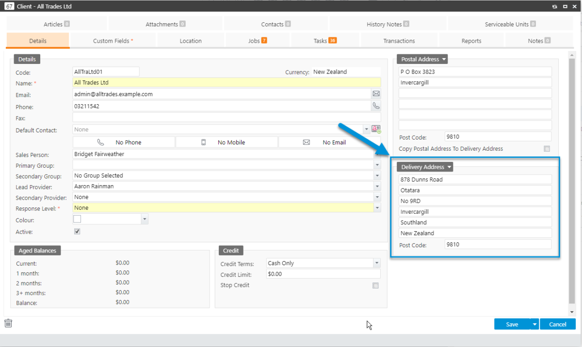 Add the client delivery address onto the client search form in professional